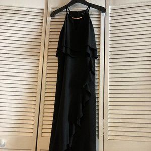 Black Midi Dress with Ruffle and Silver Accent